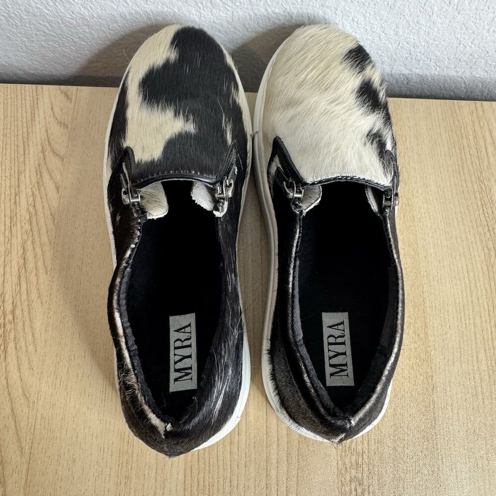 Myra Bags Slip On Sneakers Cowhide Leather Women's Sz 38 Shoes Black & Tan - Picture 6 of 9
